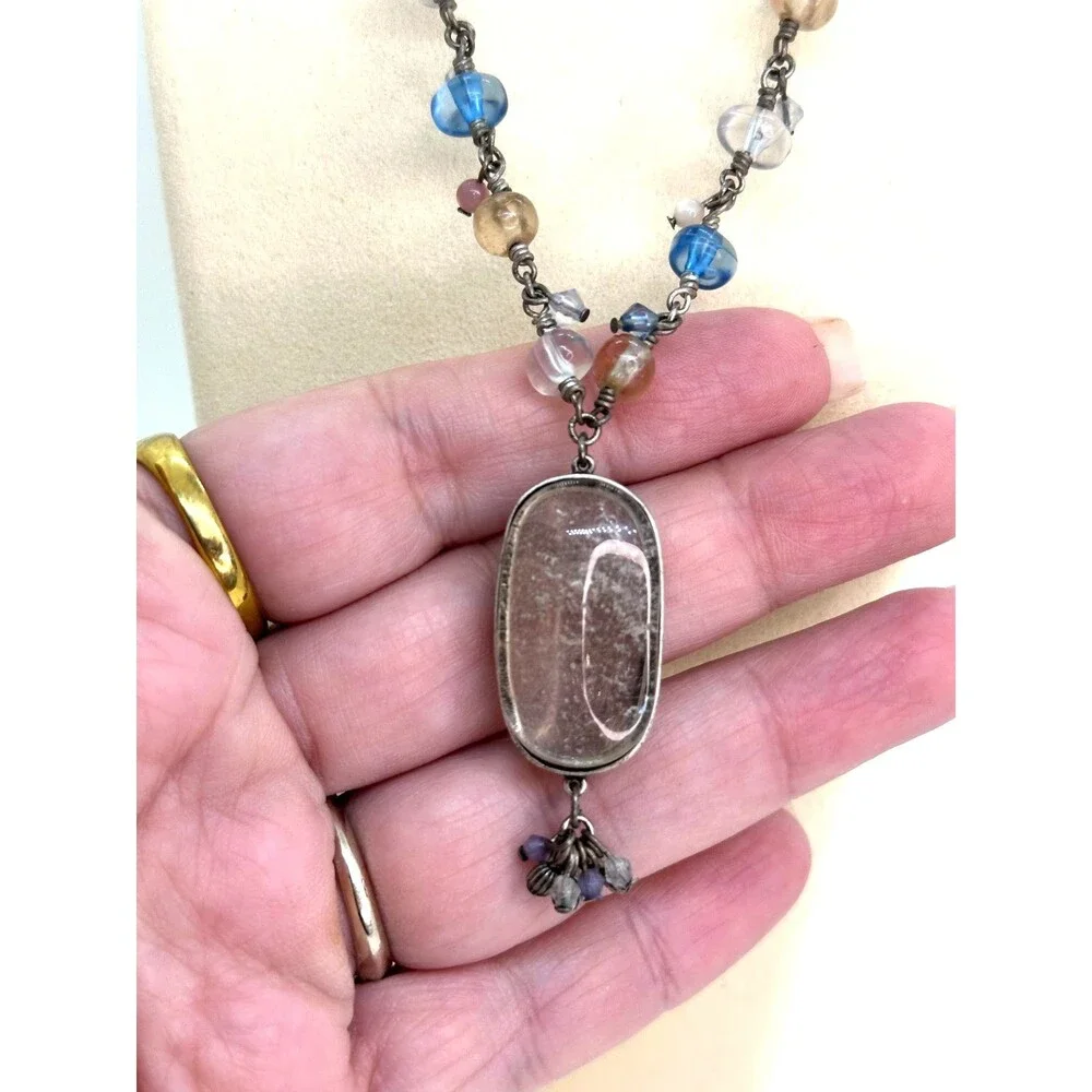Vintage Monet Quartz Pendant Pastel Beaded Necklace Blue Peach